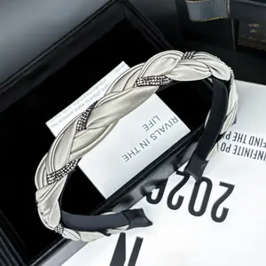 Light Luxury Grey Braided High Cranium Headband Premium Sense Wide Edge Diamond Headband