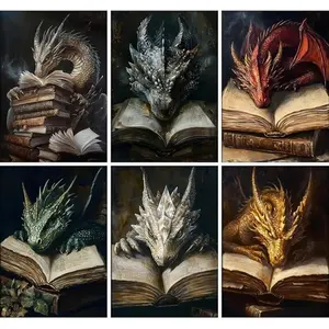 5D Full Drill Diamond Painting Set, 6-Piece Fantasy Dragon & Book Art, Magical Dragons Reading Books DIY Wall Decor