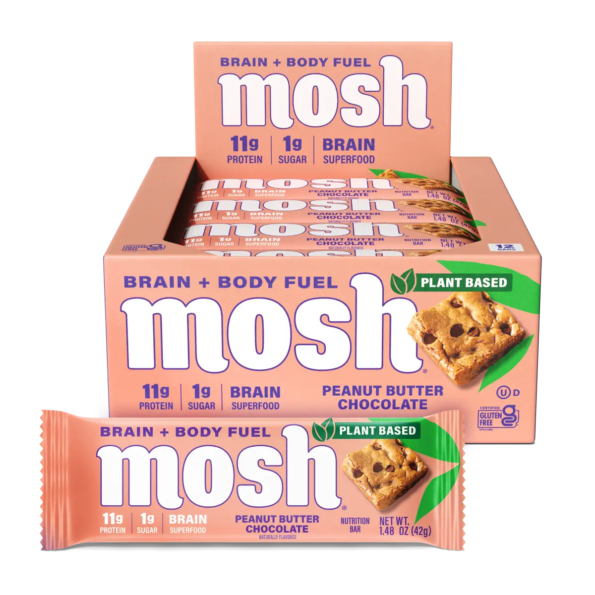 MOSH Plant Based Peanut Butter Chocolate Keto Protein Bars, High Protein, Gluten Free, Brain Healthy Snack with Ashwagandha, and Lion's Mane, 12 Count