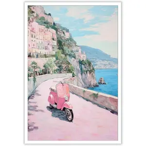 Quark Retro Amalfi Coast Wall Art in Vintage Italian Style, Featuring Pink Coastal Landscape and City Motifs for Preppy Aesthetic Decor in Offices, Bedrooms, or Living Rooms, Unframed.