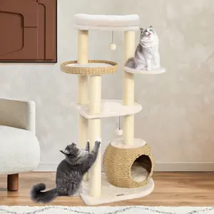53" Tall Multi-Level Cat Tree with Hand-Woven Condo, Rotatable Jumping Perch & Sisal Scratching Posts - Plush Platforms Indoor Cat Furniture for Kittens & Large Cats
