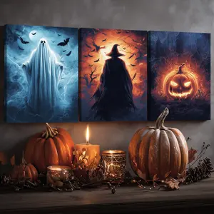 3 Counts Wooden Framed Canvas, Scary White Ghost Poster, Halloween Poster, Halloween Decorations, Living Room And Bedroom Hanging Paintings, Party Horror Poster, Interesting Art, Exquisite Gifts, Home High-Definition Art