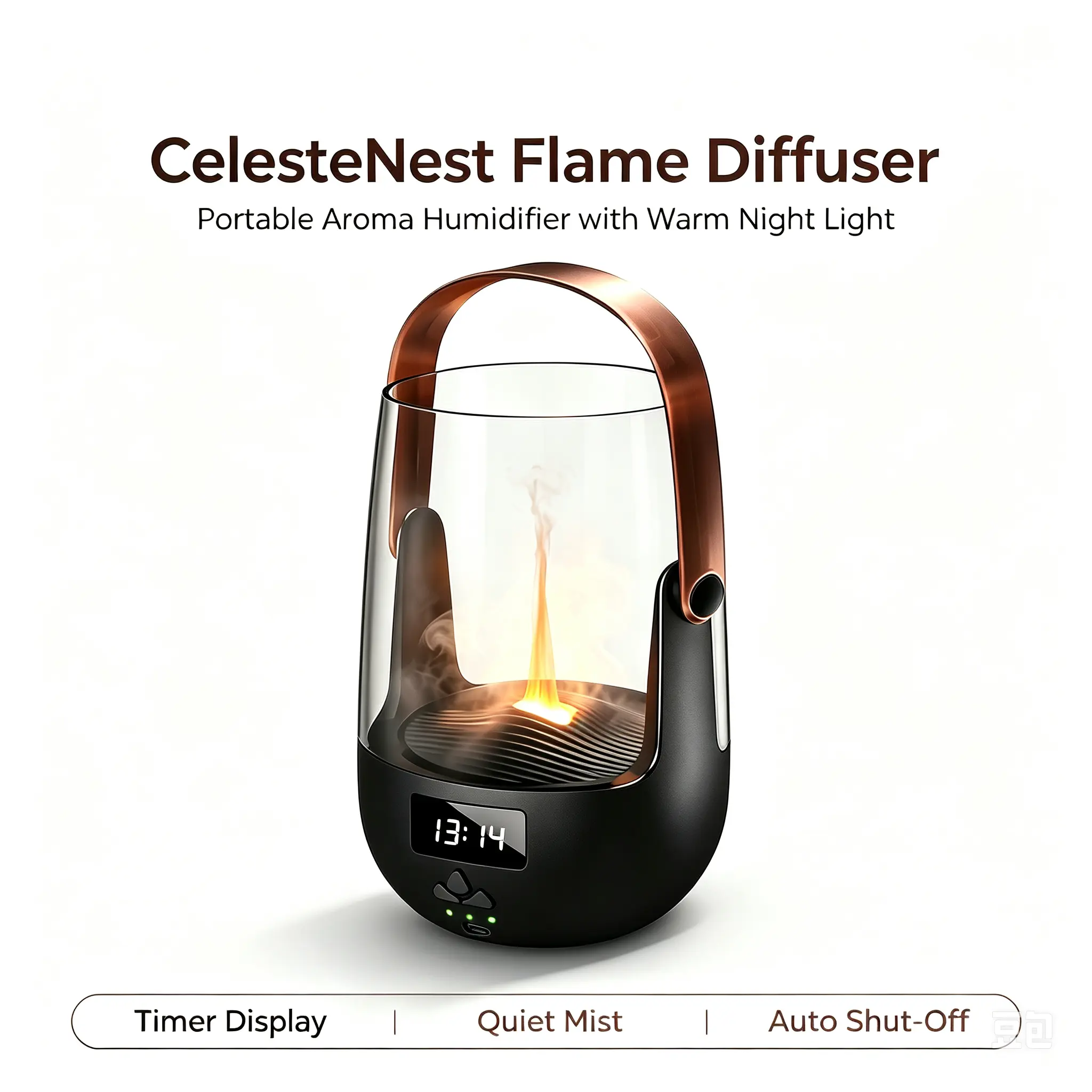 CelesteNest Portable Flame Aroma Diffuser, Ultrasonic Essential Oil Humidifier with Simulated Flame Night Light, Digital Timer Display, Quiet Mist, Auto Shut-Off for Bedroom Office Home