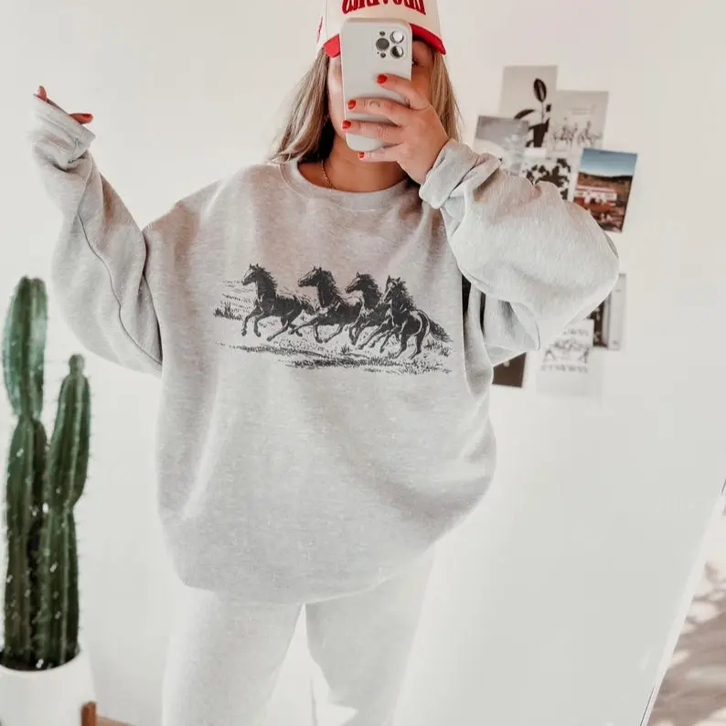 Western Horse Graphic Sweatshirt, Retro 90s Running Horses, Vintage Equestrian Oversized Crewneck