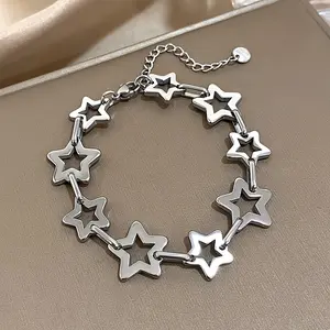 Elegant Golden-Tone Stainless Steel Star Bracelet for Women - Chunky Hollow Design with Adjustable Chain, Perfect for Daily Wear & Parties - Ideal Christmas or Valentine's Day Gift, Cute Bracelets