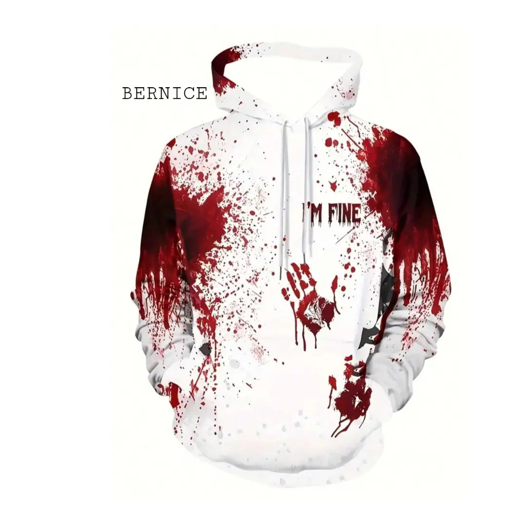 BERNICE Men's "I'm Fine" Graphic 3D Print Pullover Hoodie – Splatter Bloody Handprint Streetwear Long Sleeve Sweatshirt with Front Kangaroo Pocket