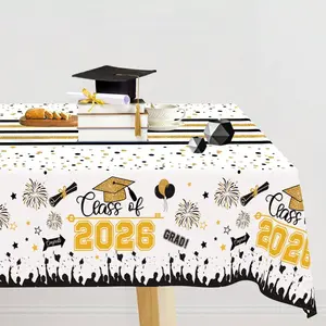 1Pc White Golden Class of 2026 Graduation Tablecover, 140x200cm Congrats Grad Disposable Table Cloth, Graduation Table Cover, 2026 Graduation Party Table Decorations, Graduation Party Supplies