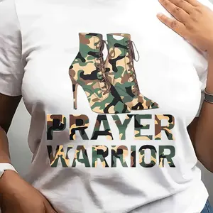 Ladies' Round Neck Casual T-shirt | Short Sleeved, Camouflage High Heels Print, Prayer Warrior Theme, Suitable for Daily Wear and Gifting White CLL T-shirts-8593