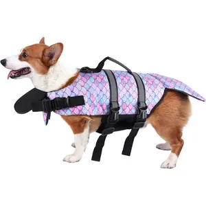 Dog Life Jacket Ripstop Pet Safety Floatation Vest Adjustable Dog Life Preserver Reflective Durable Rescue Handle Pet Lifesaver for Small Medium Large Dogs Swimming Beach Boating（Mermaid, S）