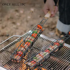 1pc Rectangular Barbecue Cage with Wooden Handle- Perfect For Outdoor Grilling And Cooking,Grilled Vegetables, Grilled Hot Dogs!