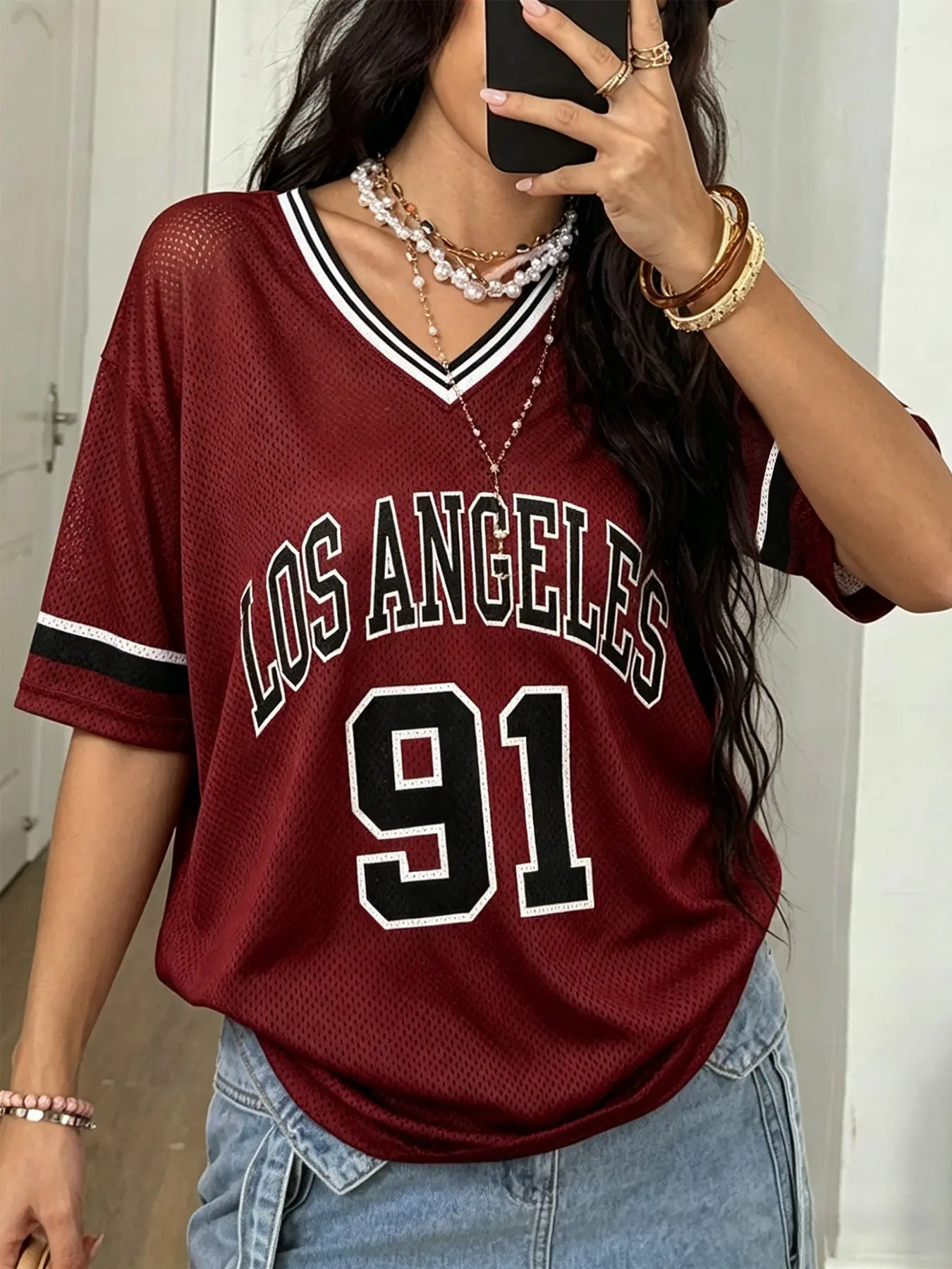 Y2K Los Angeles 91 Graphic Mesh Jersey Tee, Oversized V-Neck, Sporty Streetwear, Breathable Mesh, Perfect for Casual Days & Game Day Outfits! Top