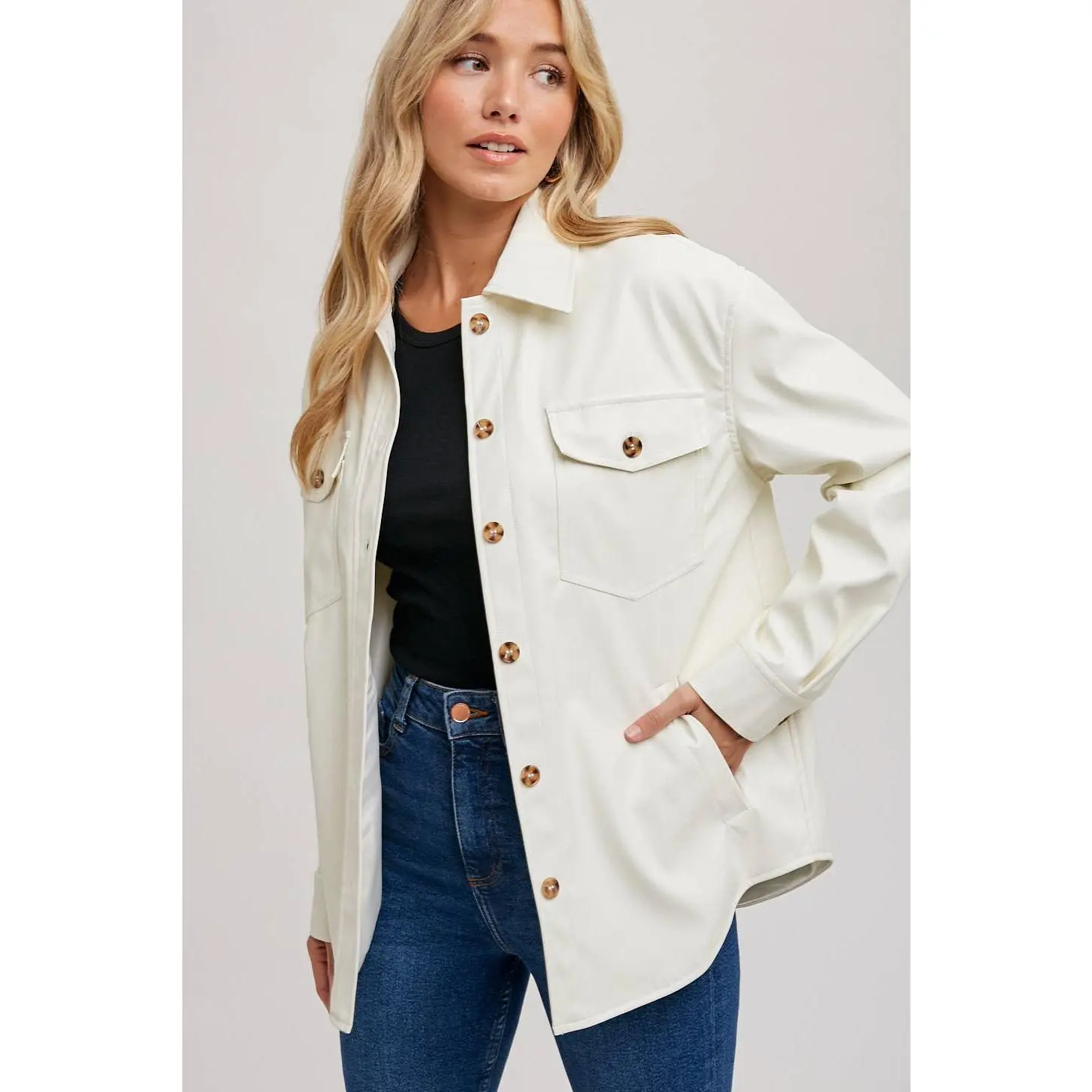 Vegan Leather Shacket - Ivory, Fitted Long Sleeve Button-Down Shirt Jacket with Pockets, Casual Chic Style for Autumn
