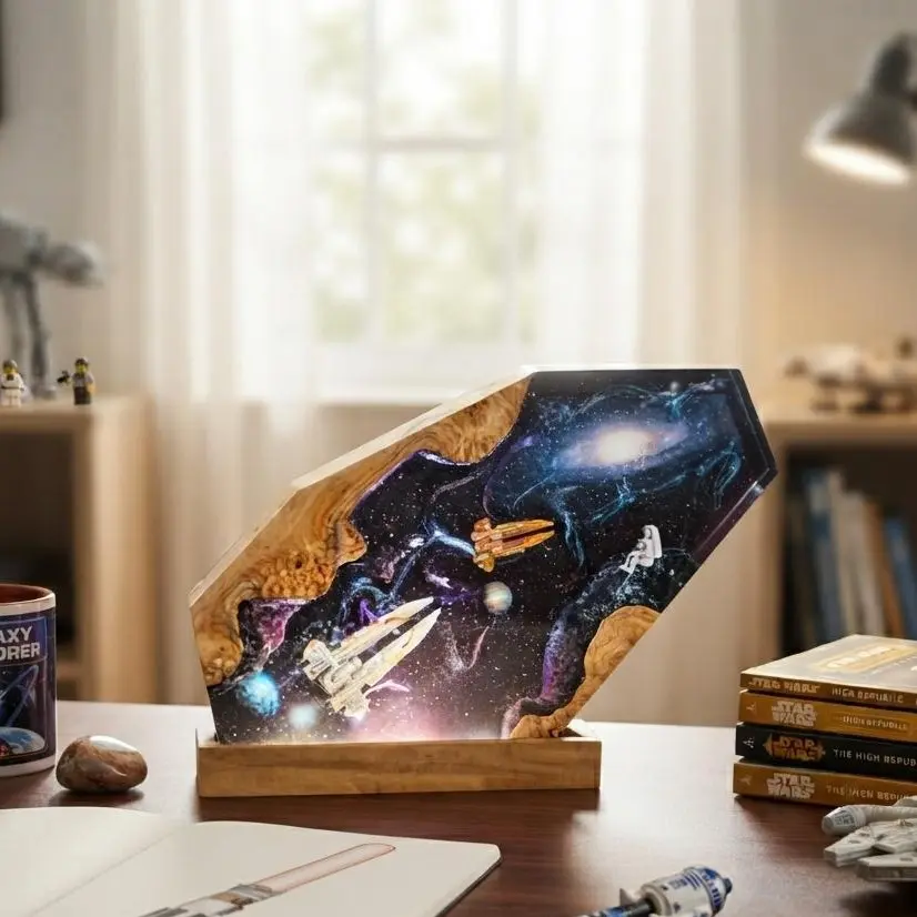 Handcrafted Epoxy Resin Wood Sci-Fi Space Battleship Night Light Galaxy Universe Art Lamp with Remote Control USB Powered Unique Cosmic Home Decor Bedroom Aesthetic Desk Light Collectible Gift for Sci-Fi Fans and Geeks