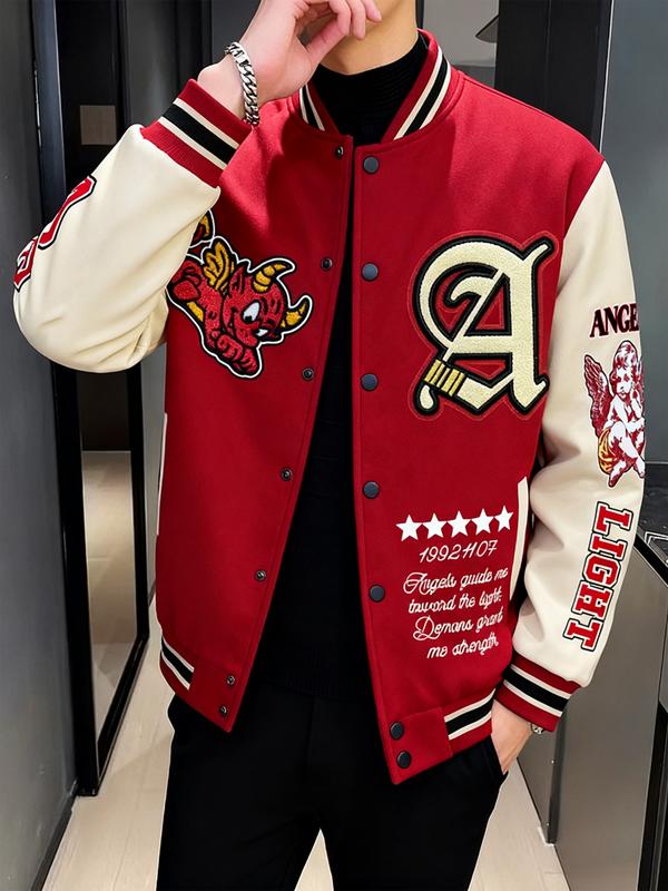 Vintage Street Style Embroidered Baseball Jacket, Redmi Patch Devil Angel Badge, Casual Fitted Varsity Jacket, Fall & Winter Fashion