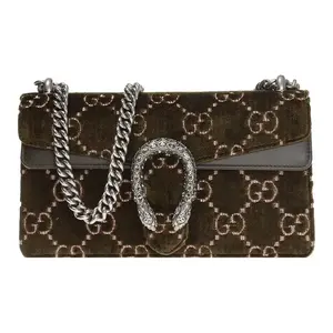 Pre-owned GUCCI Velvet Shoulder Bags Dionysus GG Medium Shoulder Bag in Olive Green with Crystal Buckle