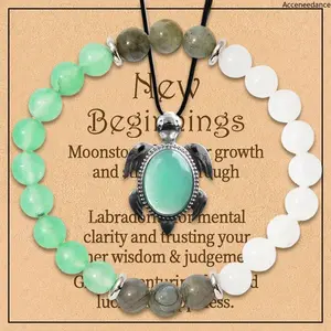 2PCS/Set Natural Gemstone Turtle Pendant & Crystal Bracelet, Healing Stones For New Beginnings