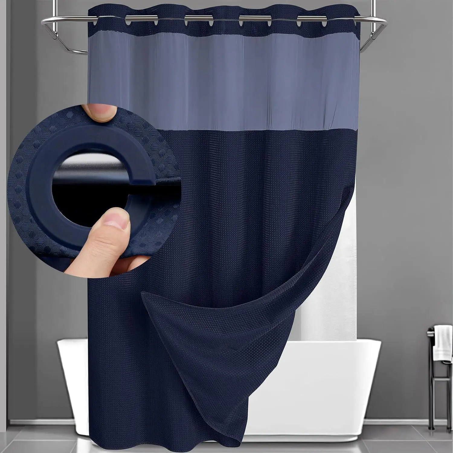 Blue Double Layer Waffle-Pattern Shower Curtain - No Hook Snap-in Liner, Fabric Waterproof Inner & Washable White Outer Cloth, Modern Bathroom Accessory for Home/Hotel/Salon/Dorm, 72x75 Inch