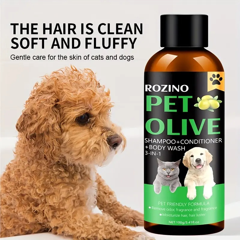 ROZINO Pet Olive 3-in-1 Grooming Shampoo for Cats & Dogs, Plant-Fragranced, Gentle Care, Odor-Decomposing, Moisturizing, Nourishing, Brightening & Smoothing Skin, Clean Hair, Grooming Products