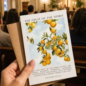 Christian greeting card Fruit of the Spirit Bible verse, inspirational religious card with citrus botanical design, faith based encouragement card for women, spiritual gift for mom friend church, uplifting scripture card with envelope ready to gift