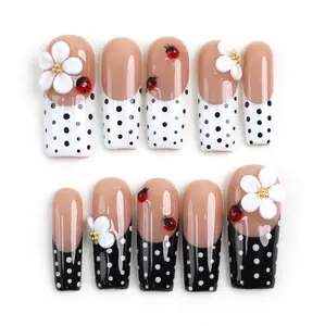 PG67 MuseMood 100% Handcrafted 3D White Flower Ladybug Bloom Polka Press-On Nails | Reusable, Long-Lasting, Salon-Quality