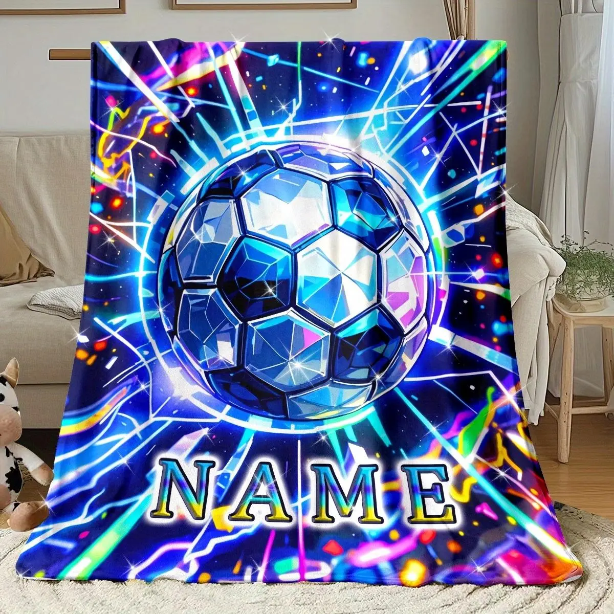 Custom Name Soccer Blanket - Vibrant HD Print Flannel Throw with Geometric Football Design - Soft, Lightweight & Durable Fleece for Sofa, Bed, Travel, Office - Perfect Personalized Gift for Sports Fans