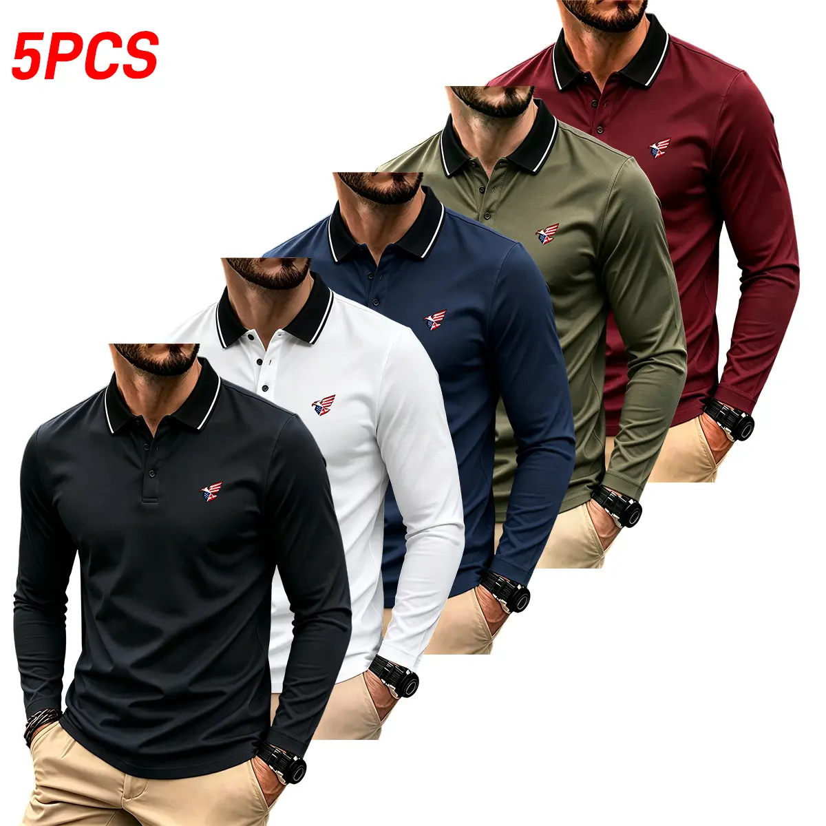 JOGWAVE 5PCS Men’s Long-Sleeve Polo Shirts, including long-sleeve quick-dry polo shirts suitable for golf and tennis; comfortable cycling apparel, 2026 new printed polo shirt design, a fall essential, Father’s Day gift recommendation.Men’s golf polo shirt