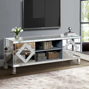 ATUMCTO Mirrored TV Stand - 65+ Inch Console Table with Open Storage, 2 Storage Cabinets, Crushed Diamond Sparkling Mirror Doors, Contemporary Home Decor for Living Room TV Stands, Tv Stands Living Room