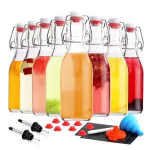 Swing Top Glass Bottles 8 Pack, 8.5 oz Flip Top Beer Brewing Bottle, Airtight Stopper Cap Lid, Bonus 2 Bottle Pourer for 2nd Fermentation, Kombucha, Kefir, Vanilla Extract, Coquito, Juice, Tea