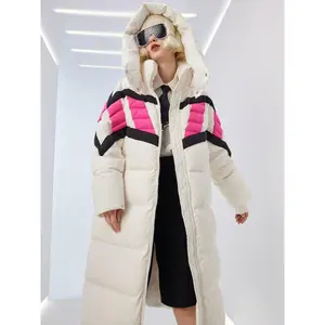 Winter 90 White Duck Down Thick Long Jacket Coats Women Down Parker Clothing Female Hooded Color Blocking Down Jacket Overcoat