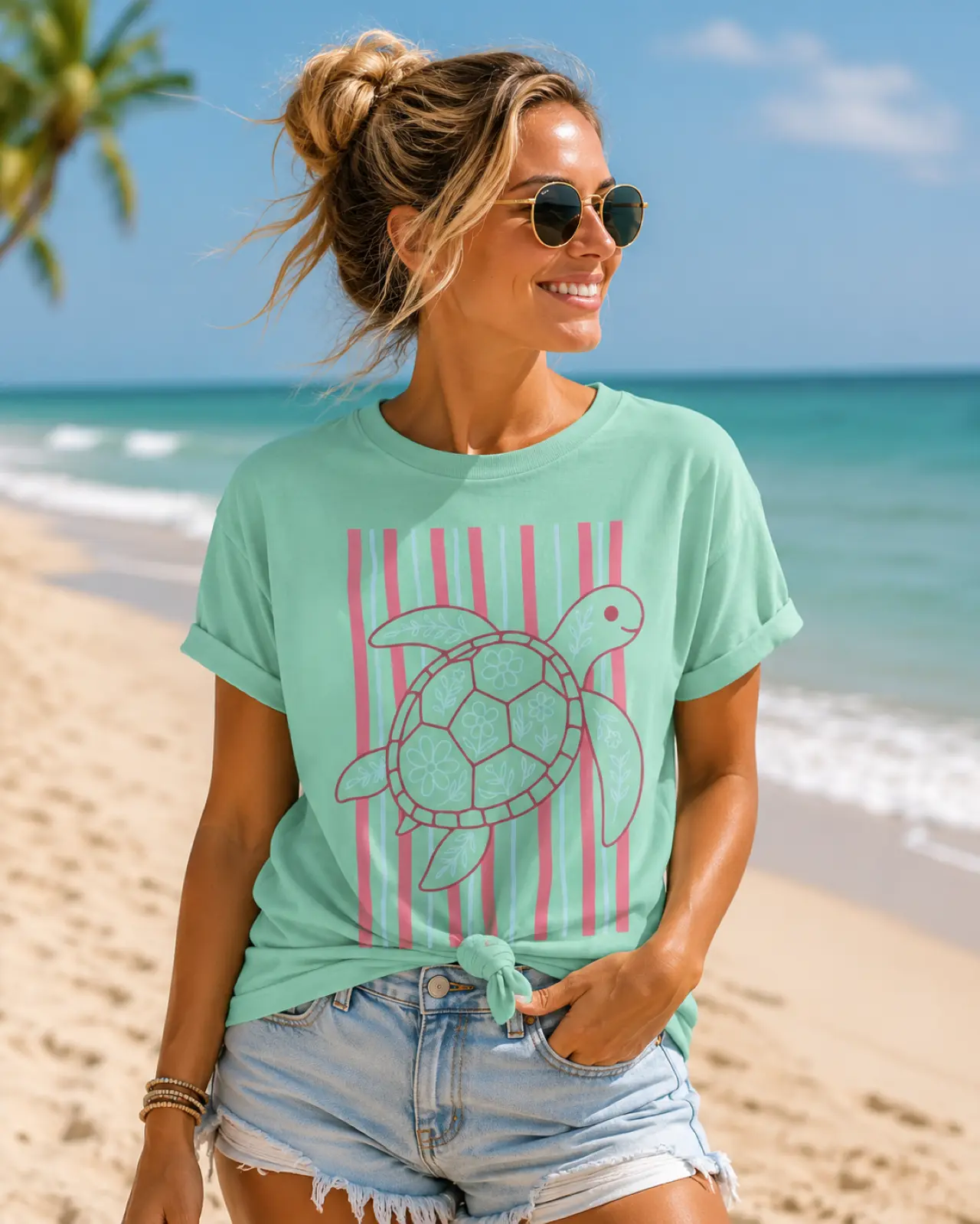 Sea Turtle Stripe T-Shirt — Pink Nautical Graphic Tee