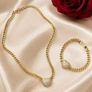 Luxury Heart Cuban Link Necklace & Bracelet Set – 14K Gold Filled for Women