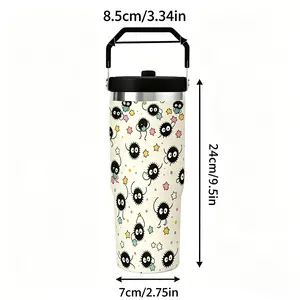30oz Stylish Soot Sprite Anime Tumbler - 304 Stainless Steel Insulated Vacuum Flask, Leakproof Travel Mug with Handle, Straw & Cartoon Stars Pattern, Double Wall Lid, 12h Hot/24h Cold Portable Drinkware