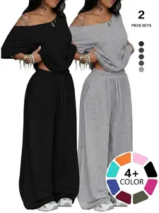 Relaxed Off-Shoulder 2 Piece Set, Womenswear Oversized Short Sleeve Top and Wide Leg Pants for Daily Streetwear, Comfortable Loungewear with Drawstring and Elastic