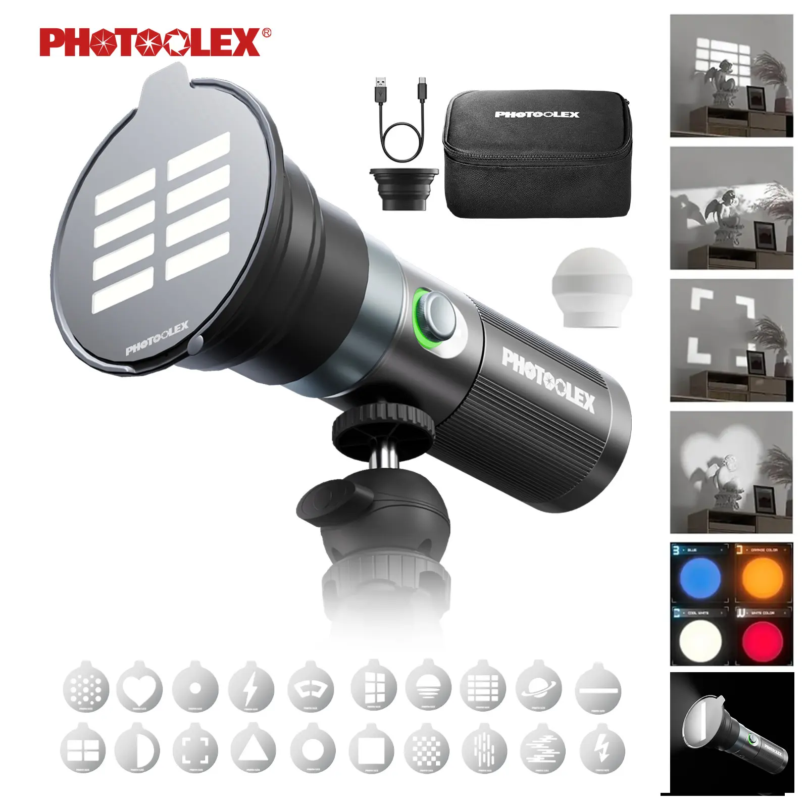 PHOTOOLEX 10W Zoomlight Portable Photography Light, 8400mAh Rechargeable Battery, RGB Fill Light with Sunset Effects & Background Projection, Magnetic Silicone Design, Portrait Lighting, Video Recording, Live Streaming & Content Creation