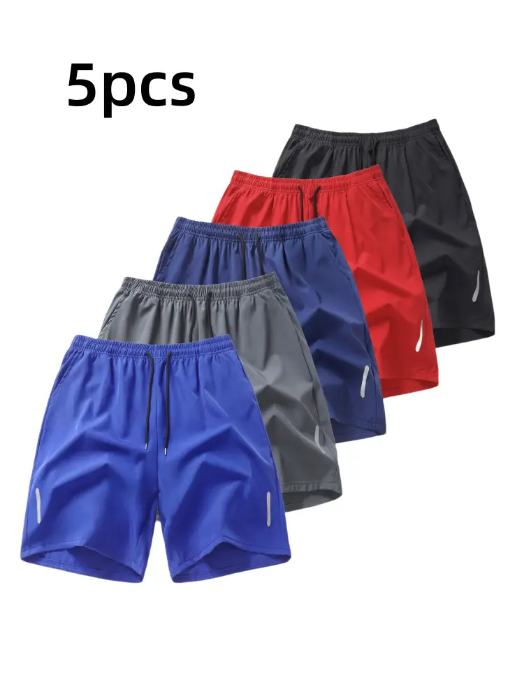5Pcs Men's Simple Sports Shorts, Thin Ice Silk Quick-drying Running and Fitness Pants for Summer, Loose, Breathable and Casual Knee-length Trousers