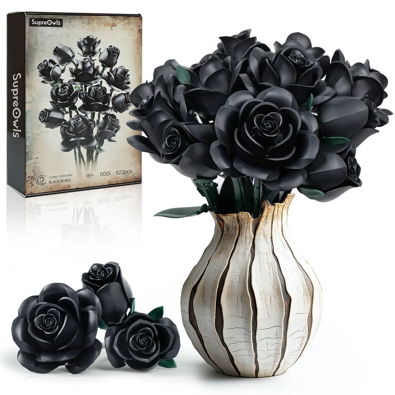 Supreowls Black Rose Flower Bouquet Building Set, Black Rose Eternal Flower Botanical Collection Blocks Kit Compatible for Adults Women, Artificial Flowers Gothic Decor for Valentine's Day & Halloween & Christmas Gift