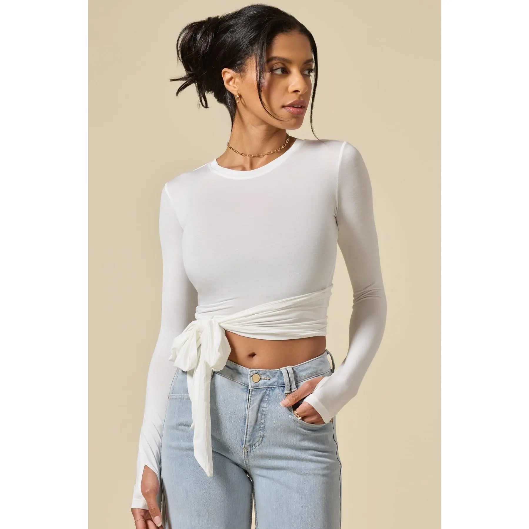 Bow Back Reversible Long Sleeve Top - White