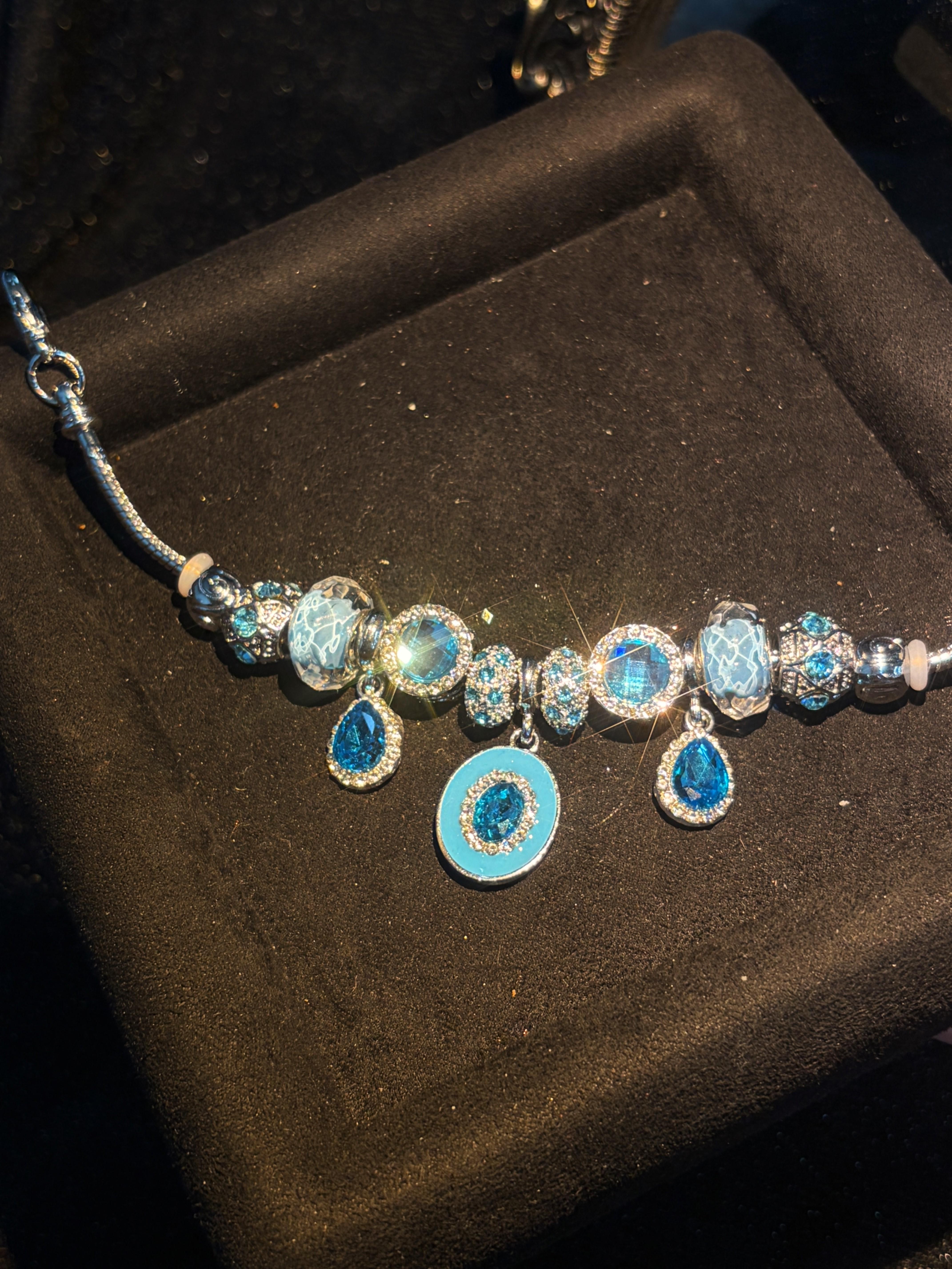 Silver‑Tone Snake Chain Charm Bracelet for Women, Ocean Style Blue Crystal & Murano‑Style Glass Beaded Bracelet, Teardrop Rhinestone Dangle Charms, Stackable Statement Jewelry Gift