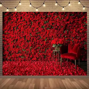 1PC,2D Flat Romantic Red Rose Backdrop, Valentine's Day Wedding Birthday Party Decor Tapestry, Bedroom Living Room Live Stream Backdrop, Retro Brick Wall Rose Scene Photo Background Cloth