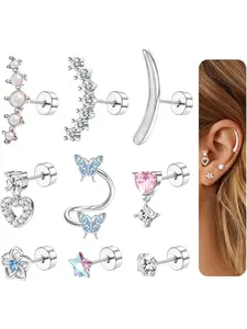 9pcs Helix Piercing Jewelry, Surgical Steel Hoop Earrings, Lightweight Chunky Hoops, Hypoallergenic, & Silver Color, Casual Style, All Seasons, Dainty Fashion Jewelry