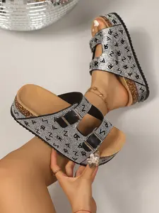 Summer New Rhinestone Thick Sole Sandals for Women, Buckle Wedge Sandals, Dual Buckle Soft Wood Bottom Slip-On, Casual Less Than Ankle Height, PU Upper, Rubber Sole