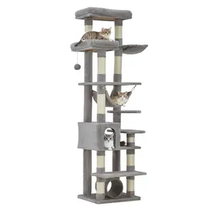 Multi-Level Cat Tree Tower for Large Cats with Condo, Scratching Posts, Perches, Hammock, Tunnel & Feeding Station – Sturdy Indoor Cat Condo – Light Gray, 74 Inches