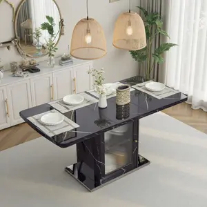 47.24"-63"Modern Rectangle Dining Table, Stretchable, with Printed Marble Table Top+Storage Cabinet Table Leg with Metal Base