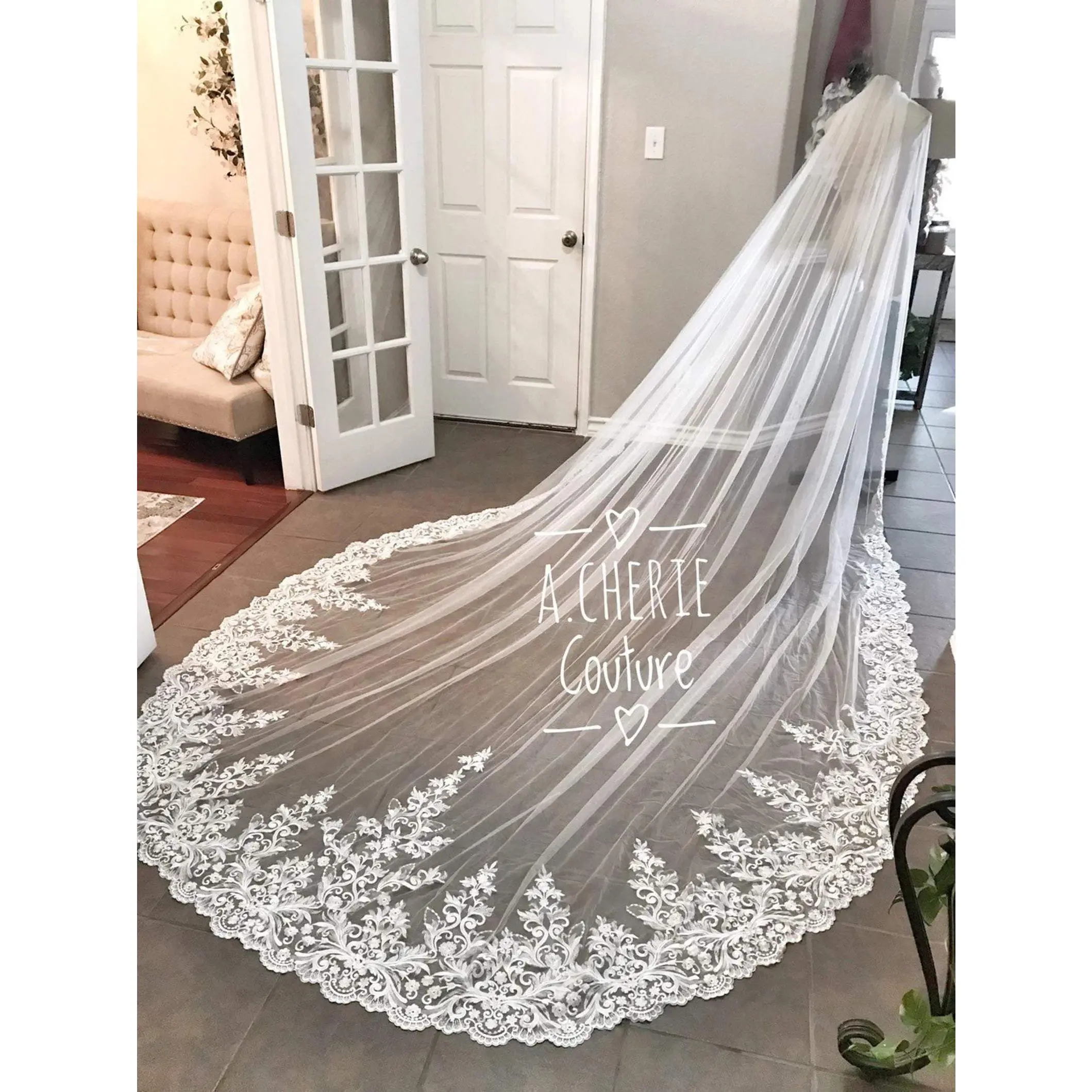 Ivory Comb-In Wide Floral Scroll Royal Lace Drop Veil (Style RV04) - Made-To-Order Fashion Accessory with Elegant Romantic Details, Ivory Veil