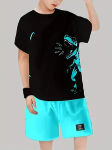 Boys' Dinosaur Print T-Shirt Set, Bottom Pattern Short Sleeve + Bright Blue Shorts, Casual Outdoor Wear, All Seasons
