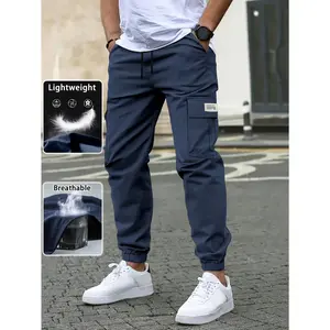 Men's Lightweight Breathable Cargo Jogger Pants, Non-Stretch Fabric, Elastic Drawstring Waistband, Functional Outdoor Trousers for Hiking, Camping, Workwear and Everyday Casual