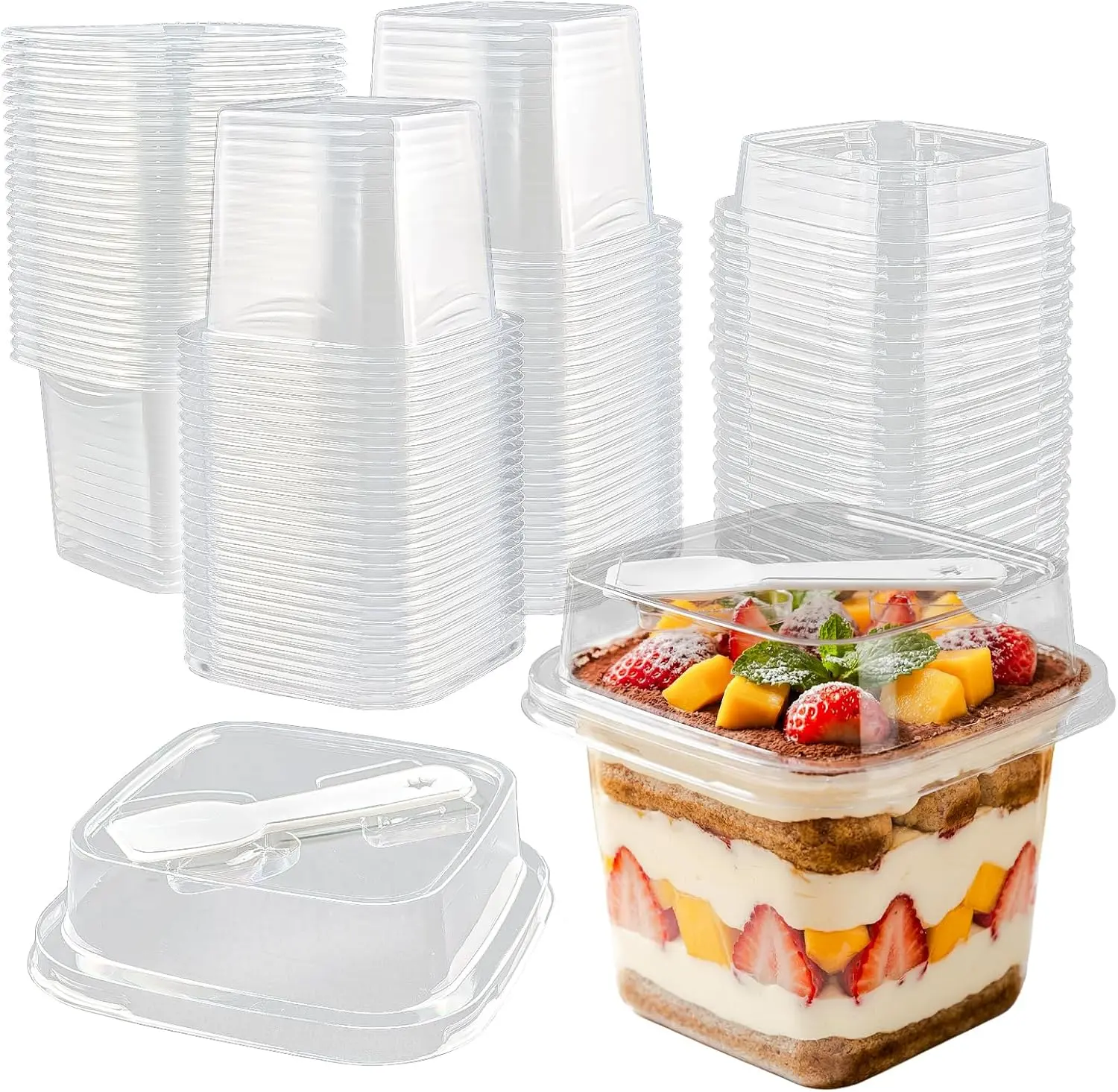 50 Pack 12 oz Clear Plastic Dessert Cups with Lids and Spoons, Large Pudding Cups, Parfait Yogurt Fruit Trifle Containers for Parties Weddings Catering