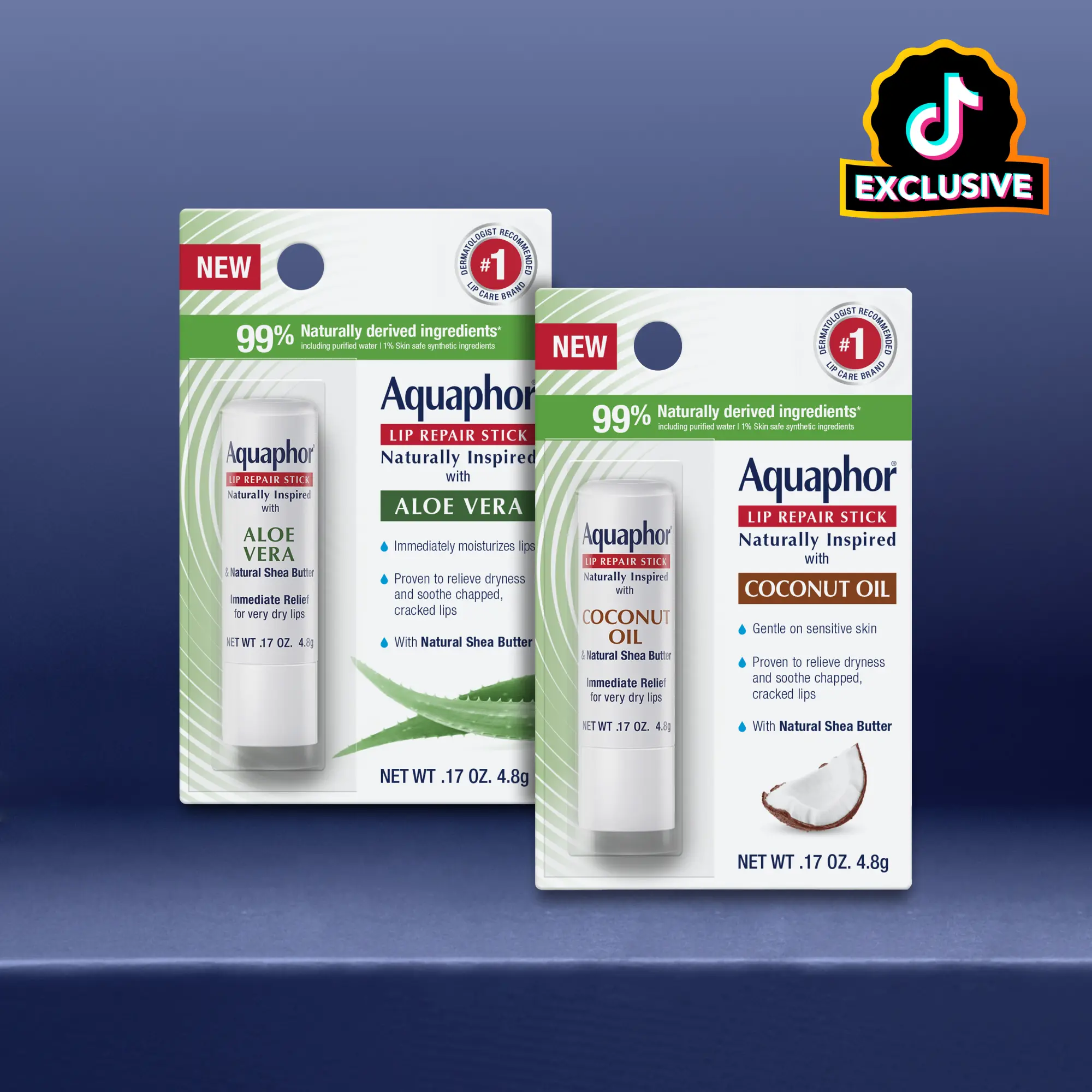 Aquaphor Lip Repair Stick 2-Pack Naturally Inspired Aloe Vera & Coconut 0.17oz Each Therapeutic Dermatologist Recommended Moisturize Soft Hydrated Lips
