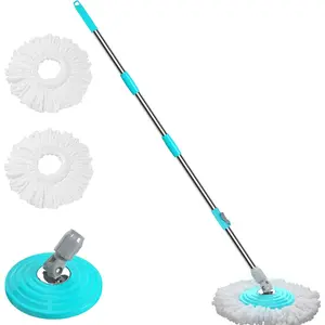 Stainless Steel Extendable Mop Handle with 2 Microfiber Replacement Heads & 360? Rotating Base Plate -- Fits Standard Mop Buckets -Blue