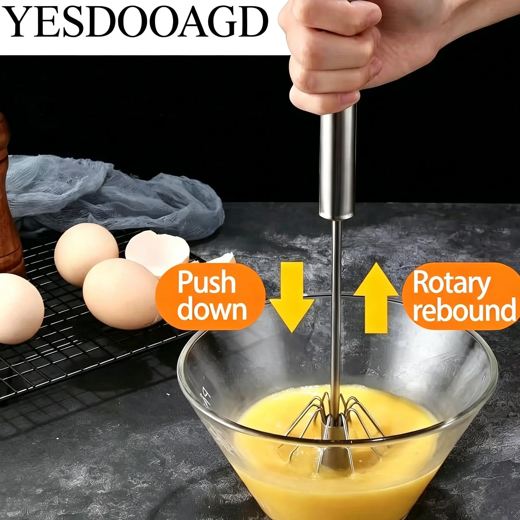 Steel Egg Whisk, Hand Push Rotary Whisk Blender, Versatile Easy Whisk, Hand Push Mixer Stirrer for Beating Eggs, Frothing Milk, Blending, Mixing, Whipping Smoothies & Shakes-B